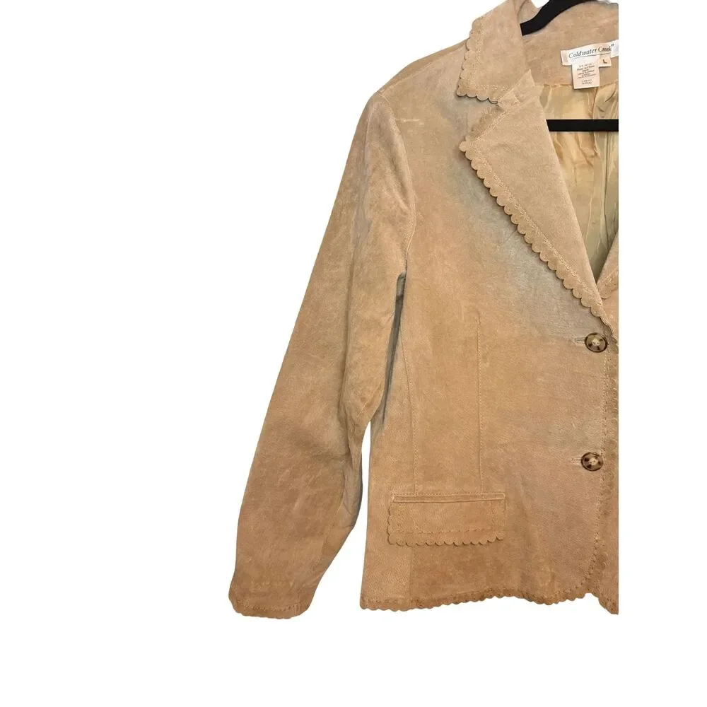 Coldwater Creek Womens L Tan Suede Leather Scalloped Blazer Jacket Boho Western - Picture 3 of 8